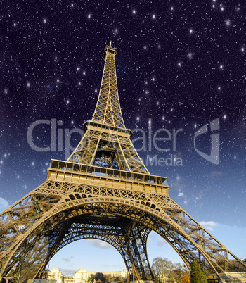 Stars and Night Sky above Eiffel Tower in Paris