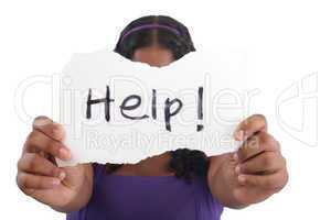 Teenager with needing help, with help sign.