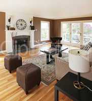 Brown livinng room with white fireplace and luxury furniture.