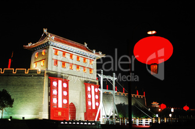 Night scenes of the ancient city wall of Xian China