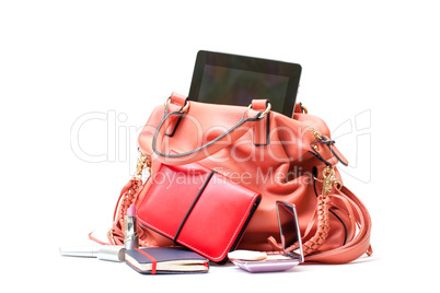 Pink Leather Ladies Handbag with Tablet PC on white background