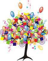 cartoon party tree with baloons, gifts, boxes for happy  event and holiday