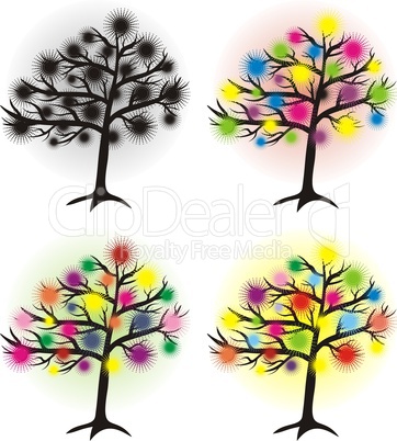 set of abstract tree with halftone sun, design element