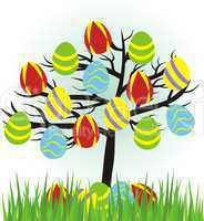 cartoon easter tree with eggs and grass