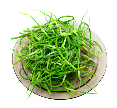 Fresh garlic scapes on plate