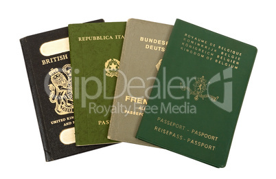 Old European passports on white background