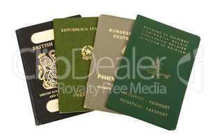 Old European passports on white background