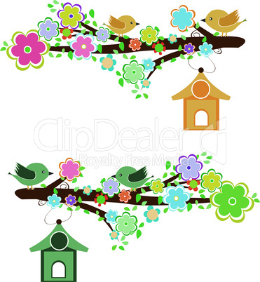 Family of birds sitting on a branch with birdhouses. vector