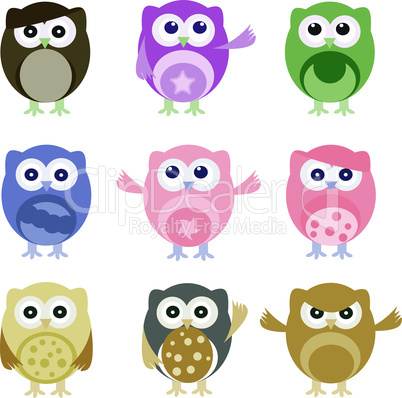 Set of nine vector cartoon owls with various emotions