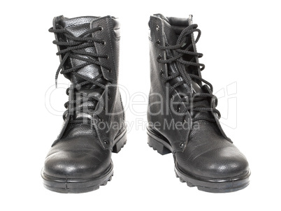 Black leather high top boots with untied laces.