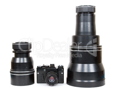 Soviet (Russian) SLR camera and lens on a white background