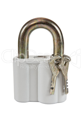 Padlock with keys on white background