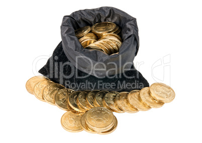 Money coins in bag isolated on white