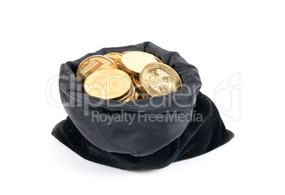 Bag of gold coins on white background