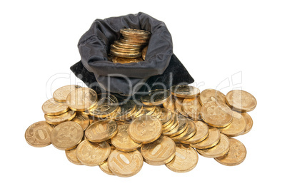 Bag of gold coins on white background