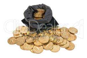 Bag of gold coins on white background