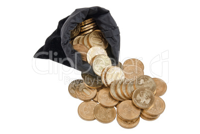 Bag of gold coins on white background