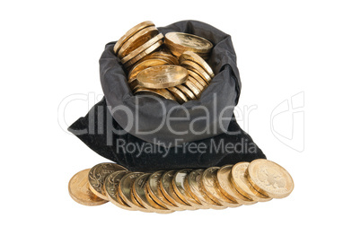 Bag of gold coins on white background