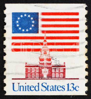 Postage stamp USA 1975 13-Star Flag and Independence Hall