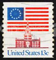Postage stamp USA 1975 13-Star Flag and Independence Hall