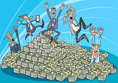 Happy businessmen and heap of money