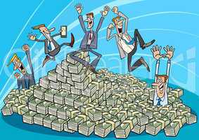 Happy businessmen and heap of money