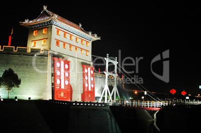 Night scenes of the ancient city wall of Xian China