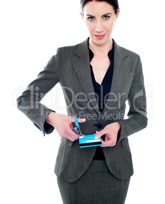 Business lady destroying debit card