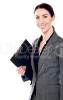 Smiling female secretary holding clipboard