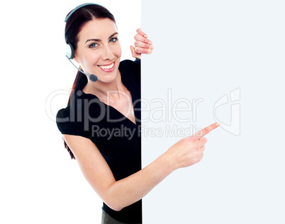Customer service woman with blank billboard sign banner
