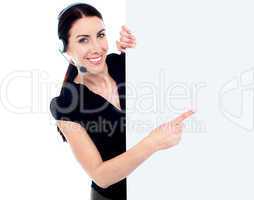Customer service woman with blank billboard sign banner