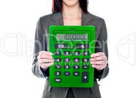 Business woman holding calculator. Focus on calculator