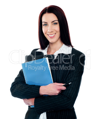 Portrait of smart smiling secretary holding file