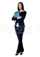 Isolated business woman holding documents