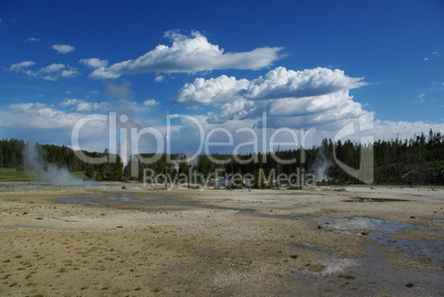 Geyser Area under beautiful skies, Yellowstone National Park, Wyoming