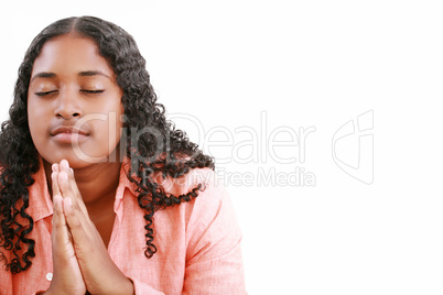 woman praying isolated on a white background.