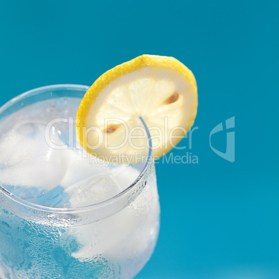 a wine glass with ice and  lemon