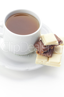 bar of chocolate and tea isolated on white