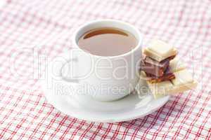 bar of chocolate and tea on plaid fabric