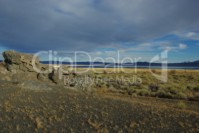 Rocks and Mono Lake in the evening, California