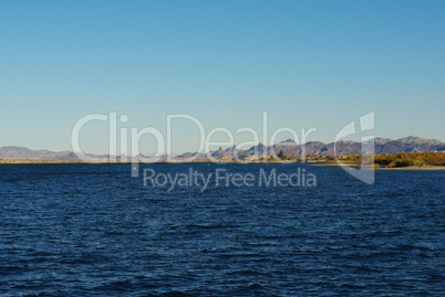 First morning light on Lake Havasu and Arizona mountains