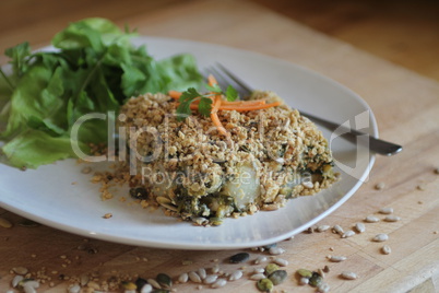 Vegetarian crumble served with salad