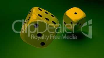 gold dice at green background closeup