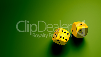 gold dice at green background wide