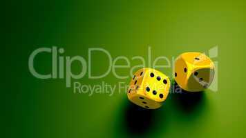 gold dice at green background wide
