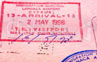 Closeup picture of Cyprus stamp on a passport