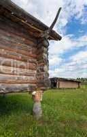 Ancient traditional russian wooden house X century, fragment.