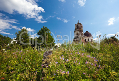 Summer landscape with deserted church in Novgorod region, Russia