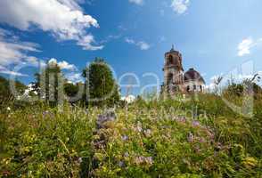 Summer landscape with deserted church in Novgorod region, Russia