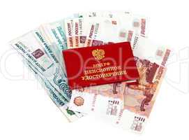 Russian Pension Certificate and money over white